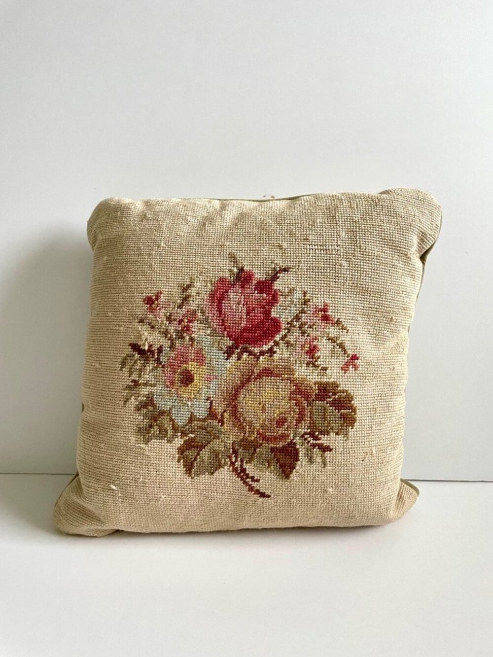 Vintage Handmade Needlepoint Square Throw Pillow Charming Floral Bouquet